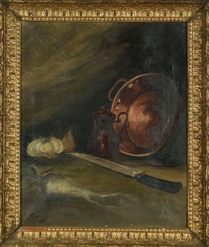 null F. RICOT (20th century).
Still life with copper, 1905.
Oil on canvas.
Signed...