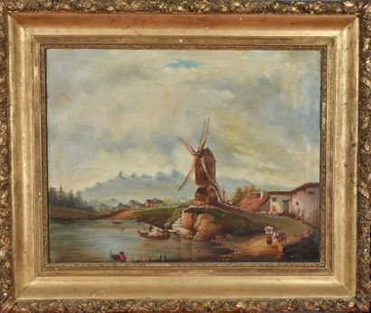 null Félix BRAS ? French school of the 19th century. 
The mill, 1856.
Oil on canvas.
Signed...