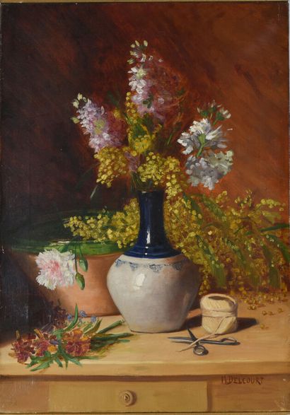 null Monique DELCOURT (20th century).
Bouquet of mimosas on an entablature.
Oil on...