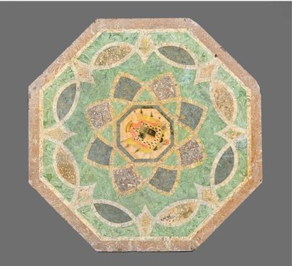 Octagonal tray in veneer, marquetry and colored...