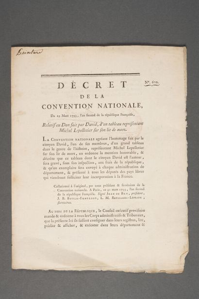 [Jacques-Louis DAVID]. Imprimé de 2 pp. in-4....