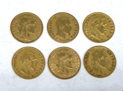 null Lot de 6 pièces de 10 francs Or Napoléon III tête nue 1856 et 1860, Napoléon...