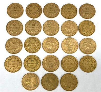 null Lot de 23 pièces de 20 francs or au Coq (x3), Cérès (x6) et au Génie (x14)
Poids...