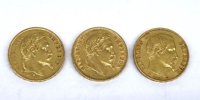 null Trois pièces de 20 Francs Or Napoléon III tête nue 1859 et 1864, tête laurée...