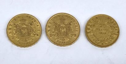 null Trois pièces de 20 Francs Or Napoléon III tête nue 1859 et 1864, tête laurée...