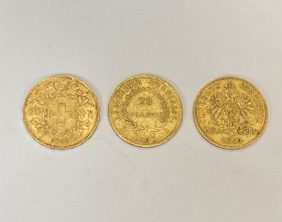 null Lot de 3 pièces comprenant : 20 francs or Confédération helvétique 1900, 20...