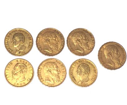 null Lot de 7 pièces comprenant : 4 pièces de 20 francs or Léopold II, 1 pièce de...