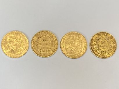 null Lot de 4 pièces de 20 francs au Coq ou au Génie, millésimes 1851, 1876, 1907...