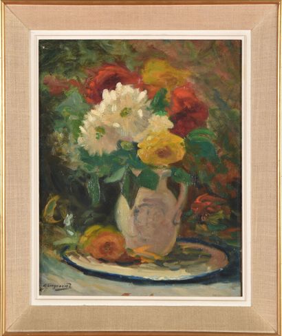 null Georges LONGUEVILLE (1896-1989).
Bouquet de fleurs.
Huile sur toile collée sur...