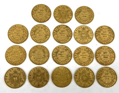 null Lot de 18 pièces de 20 francs or Napoléon III tête nue ou tête laurée 1852 (x2),...