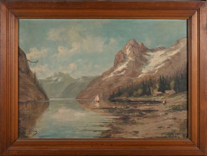 Émile GODCHAUX (1860-1938).
Lac de montagne.
Huile...