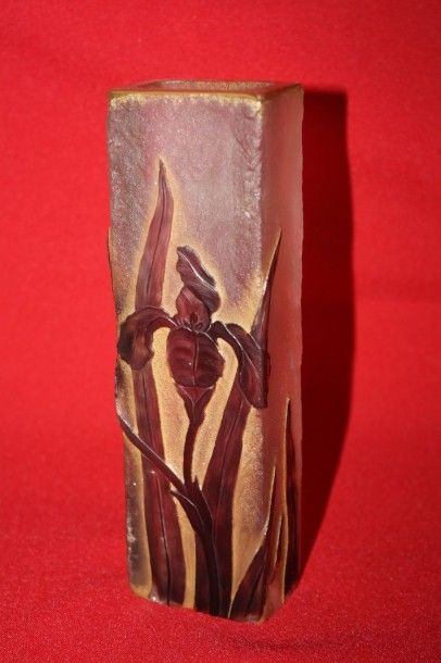DAUM Daum

Vase de forme rectangulaire en verre gravé à l'acide à décor d'iris violets...