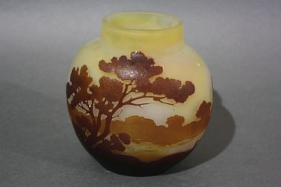 GALLE Gallé

Vase de forme ronde aplatie en verre gravé à l'acide à décor de paysage...