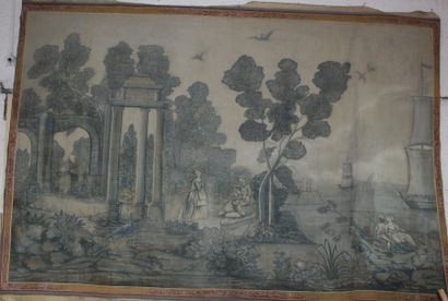 null Importante toile peinte en grisaille à décor de paysage. XIX ème siècle. 250x365...