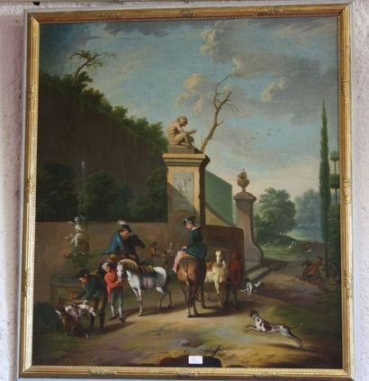 null Trumeau, Peintre sur toile d'une Scène représentant un départ pour la chasse...