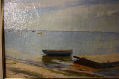 Paul LEROY Paul LEROY, "Barque sur l'étang", huile sur toile signée en bas à gau...