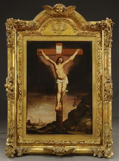 null Ecole du Nord du XVIIème siècle

Christ en croix sur fond de paysage au ciel...