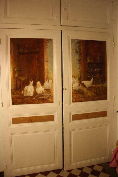 null Yvette Deyagère, ensemble de 3 portes peintes à décor de poules