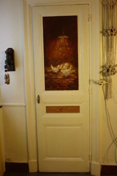 null Yvette Deyagère, ensemble de 3 portes peintes à décor de poules