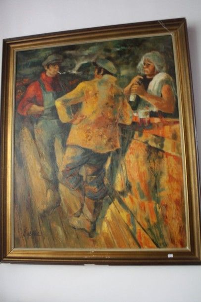 null J. Abadie, Scène de bistrot, huile sur toile signée en bas à gauche