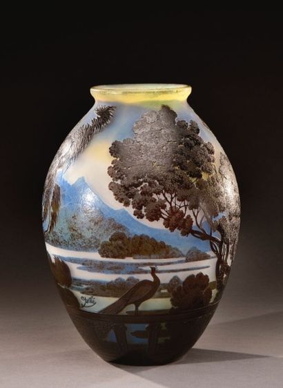 GALLE Gallé 

Vase de forme ovoïde à petit col en verre gravé à l'acide à décor de...