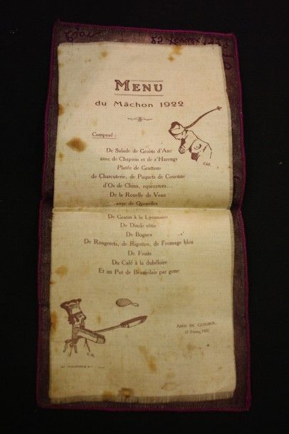 null Rare menu du Mâchon 1922 des Amis de Guignol, imprimé sur soie par la Gougenheim...