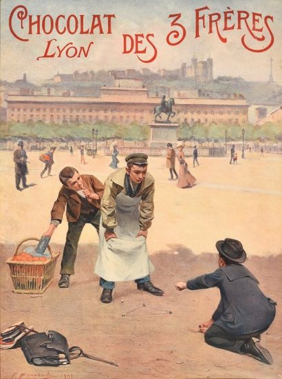 null Affiche publicitaire pour le chocolat des Trois Frères à Lyon, vers 1905, d’après...