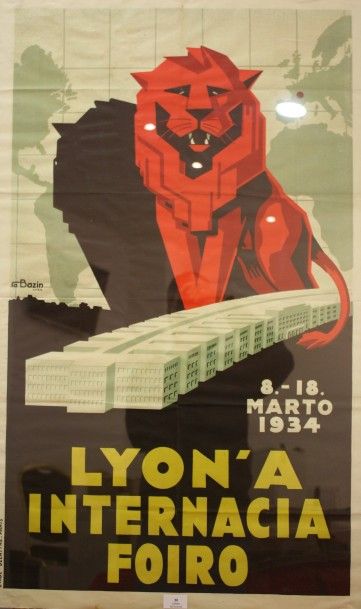 null Affiche pour la Foire de Lyon 1934 par Bazin. Etonnamment rédigée en espéranto,...