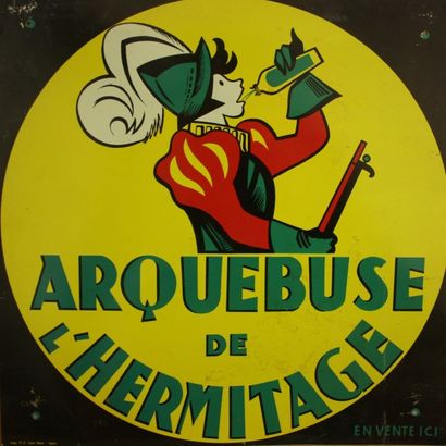 null Sympathique tôle lithographiée publicitaire pour l’Arquebuse de l’Ermitage,...
