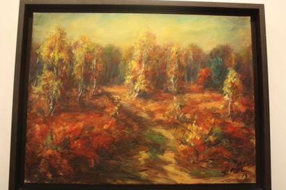 null Hobi, paysage d'automne, huile sur toile signée et datée 74 en bas à droite