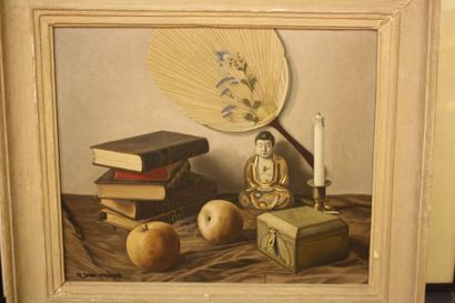 R. Jean-Mairet R. Jean-Mairet, Nature Morte au Buddha, huile sur toile, signée en...