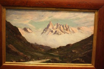 null E. Veron, massif du Grand Montet (Mont Blanc), huile sur panneau signée en bas...