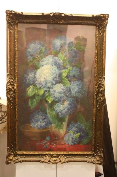 null Charles Seitte, Hortensias bleus, aquarelle signée