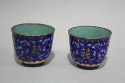null Paire de bols à thé en émail de Pékin à décor de motifs de fleurs blanches,...