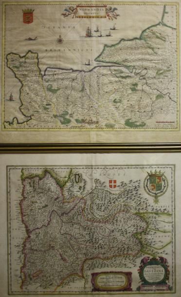 Deux gravures recolorées, cartes géographiques...