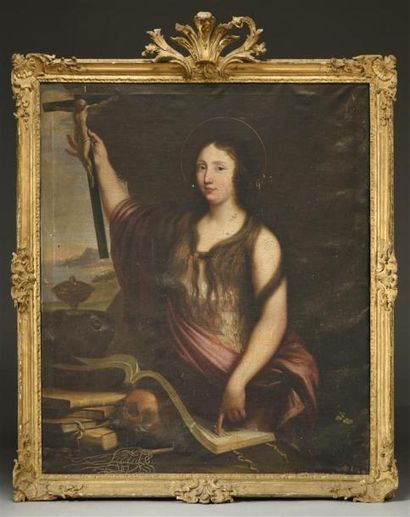 null ECOLE FRANCAISE Milieu du XVIIe siècle 
Portrait de jeune femme en Marie Madeleine.
Elle...