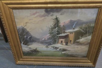 null Huile sur toile, paysage de montagne animé en hiver.