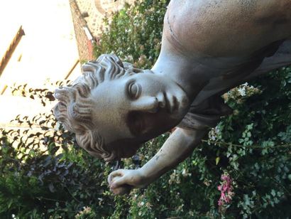  Importante statue en fonte relaquée. Hercule fuyant le jardin des Hespérides avec...