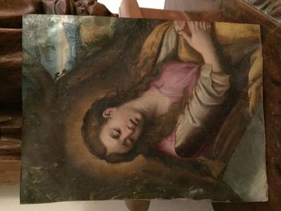  Marie-Madeleine sur fond de paysage, huile sur cuivre. 
XVIIIème siècle. 
26 x 19...