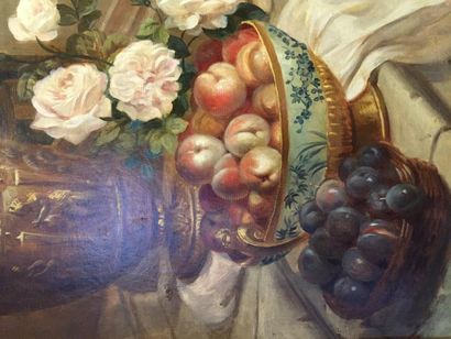 null J.F.MEDARD, nature morte sur un escalier avec corbeille de fruits, vase renaissance,...