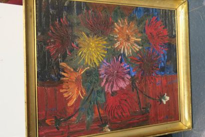 null Ecole moderne, les dahlias, Huile sur isorel, signé