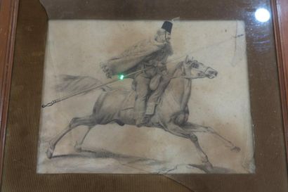 null Ecole française, militaire à cheval, deux dessins au crayon, en pendant, 37x50...