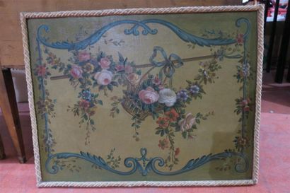 null Huile sur panneau XIXème siècle, panier fleuri, 58x75cm