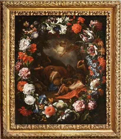 null ECOLE ITALIENNE du XVIIe siècle
Guirlande de fleurs avec l'Annonce aux bergers.
Huile...