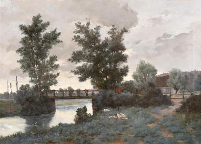null Antoine Marie Rambaud (XIX-XXème)
Garçonnet sur un pont à la campagne
Huile...