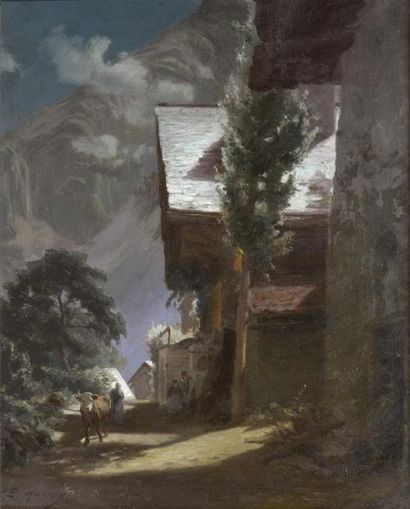 null Ernest Hareux (1847-1909)
Ruelle du village de la Grave au clair de lune, Massif...