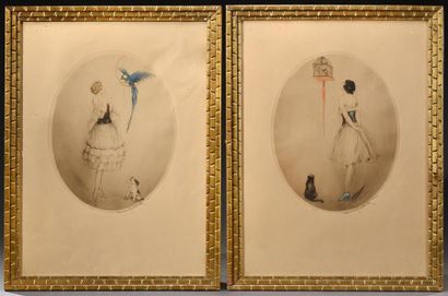 null Louis Icart (1888-1950)
" Le perroquet bleu " " La cage rouge "
Deux gravures...