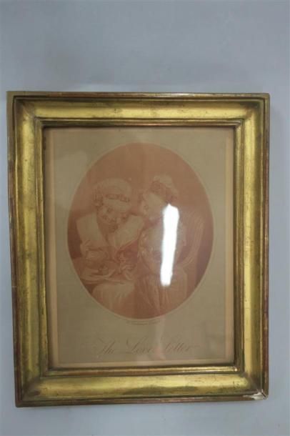 null Gravure à la sanguine, dans un cadre en bois doré "The Love Letter", XIXème