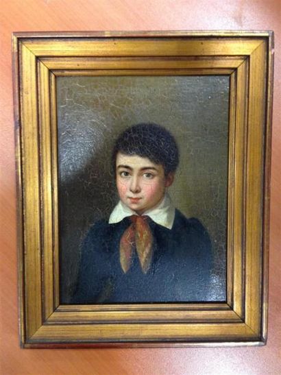 null Ecole française XIXème siècle. Portrait de jeune homme au foulard rouge. Huile...