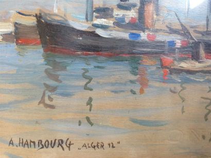 null André HAMBOURG (1909-1999).
Les bateaux dans le port d'Alger,1942.
Huile sur...